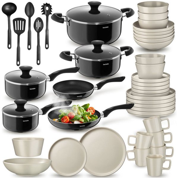 tectake Kochbesteck-Set Küchen Komplettset mit Steingut Geschirr, Alu-Töpfen, Pfannen (Una/Varese - für Induktionsherde geeignet, 45-tlg., in Schwarz/taupe), hi