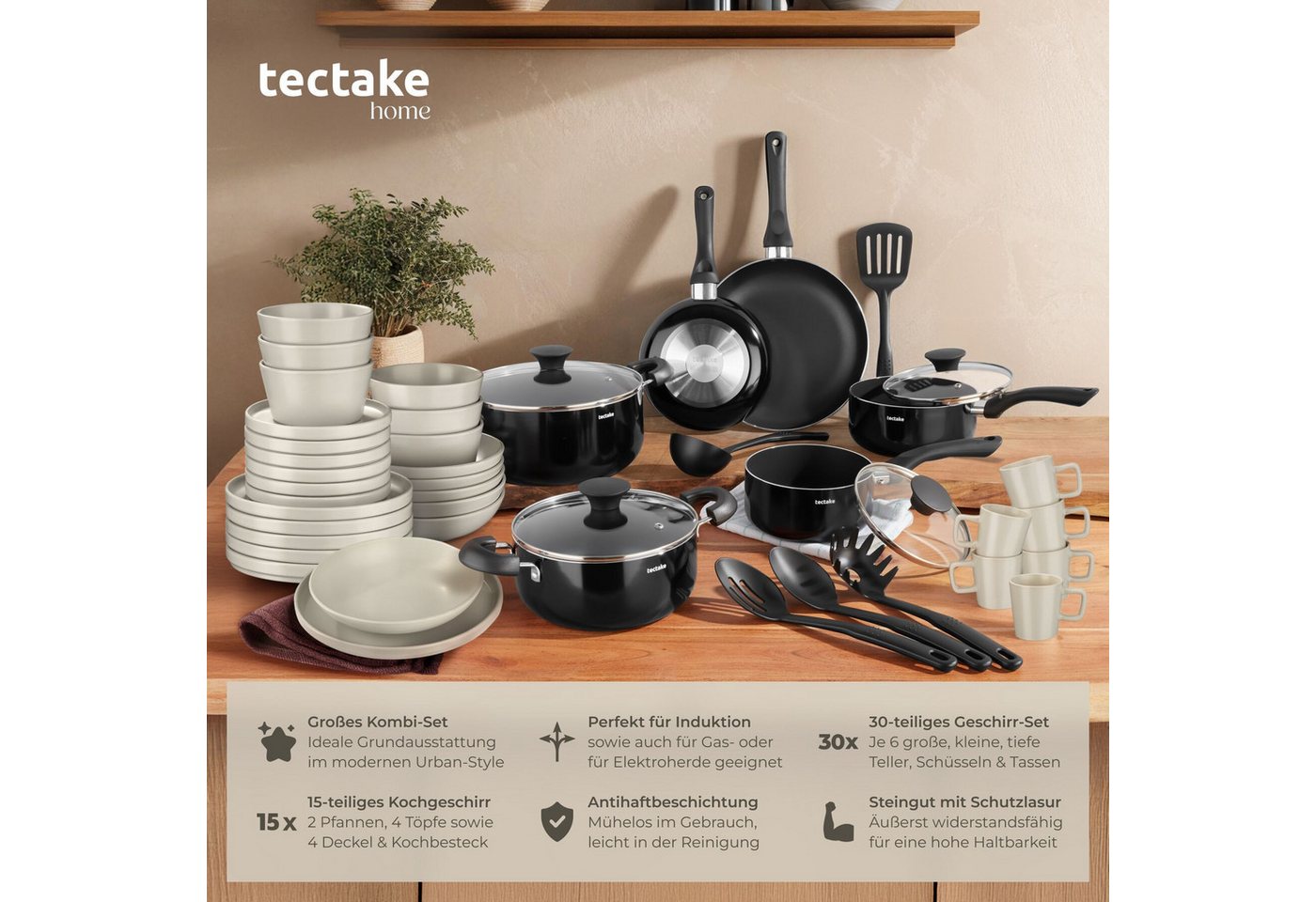 tectake Kochbesteck-Set Küchen Komplettset mit Steingut Geschirr, Alu-Töpfen, Pfannen (Una/Varese - für Induktionsherde geeignet, 45-tlg., in Schwarz/taupe), hi – Bild 2 von 5