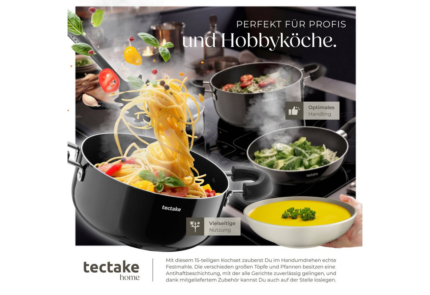 tectake Kochbesteck-Set Küchen Komplettset mit Steingut Geschirr, Alu-Töpfen, Pfannen (Una/Varese - für Induktionsherde geeignet, 45-tlg., in Schwarz/taupe), hi – Bild 3 von 5