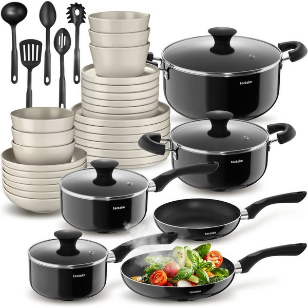 tectake Kochbesteck-Set Küchenset mit Steingut-Geschirr, Aluminium-Töpfen und Pfannen (Una/Varese - für Induktionsherde geeignet, 39-tlg., in Schwarz/taupe), In