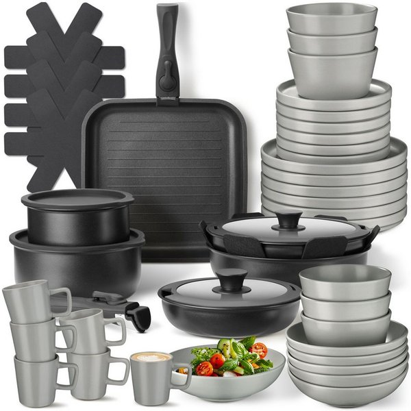 tectake Kochbesteck-Set Küchenstarterset aus Steingut mit Glasur, hitzebeständig und (Geschirrset Una/Parma, 47-tlg., in grau/schwarz), rostfreies Aluminium mit