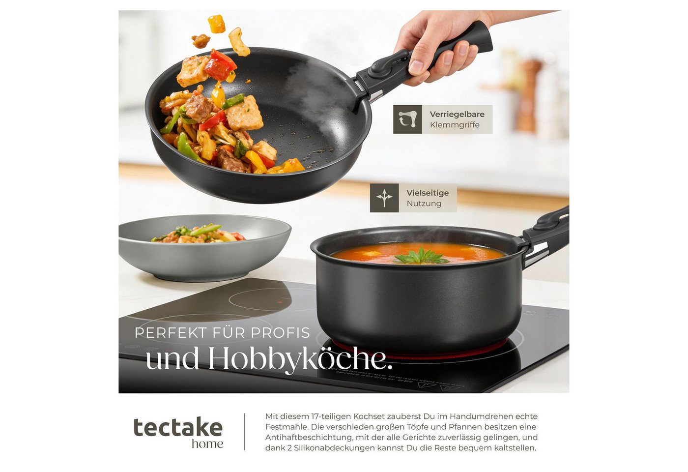 tectake Kochbesteck-Set Küchenstarterset aus Steingut mit Glasur, hitzebeständig und (Geschirrset Una/Parma, 47-tlg., in grau/schwarz), rostfreies Aluminium mit – Bild 3 von 5