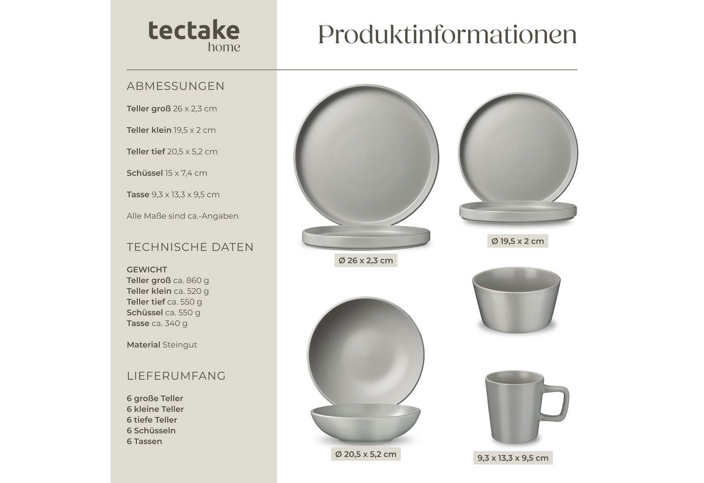 tectake Kochbesteck-Set Küchenstarterset aus Steingut mit Glasur, hitzebeständig und (Geschirrset Una/Parma, 47-tlg., in grau/schwarz), rostfreies Aluminium mit – Bild 5 von 5