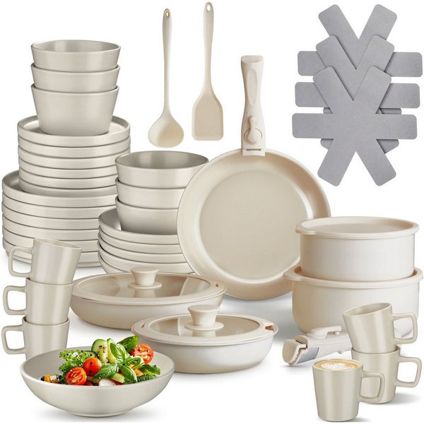 tectake Kochbesteck-Set Küchenstarterset aus Steingut mit Glasur, hitzebeständig (Geschirrset Una/Genua, 46-tlg., in taupe/weiß), rostfreies Aluminium mit Antih