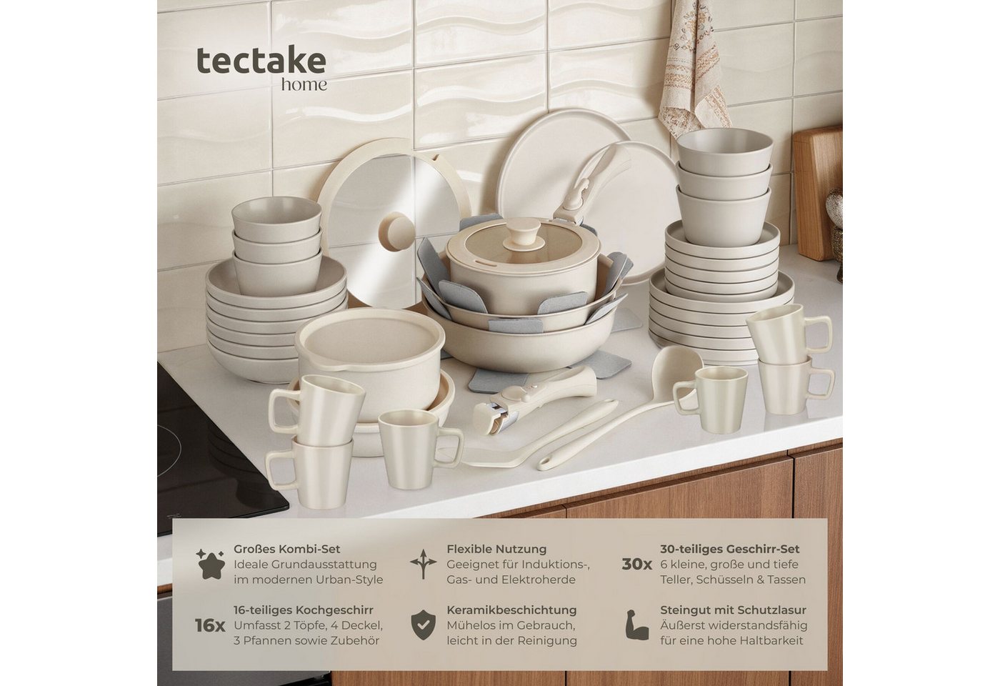tectake Kochbesteck-Set Küchenstarterset aus Steingut mit Glasur, hitzebeständig (Geschirrset Una/Genua, 46-tlg., in taupe/weiß), rostfreies Aluminium mit Antih – Bild 2 von 5
