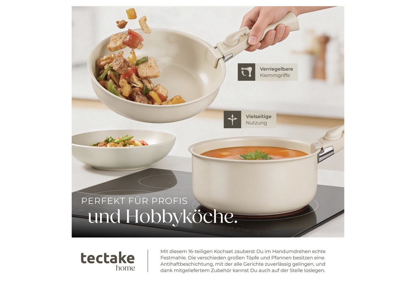 tectake Kochbesteck-Set Küchenstarterset aus Steingut mit Glasur, hitzebeständig (Geschirrset Una/Genua, 46-tlg., in taupe/weiß), rostfreies Aluminium mit Antih – Bild 3 von 5