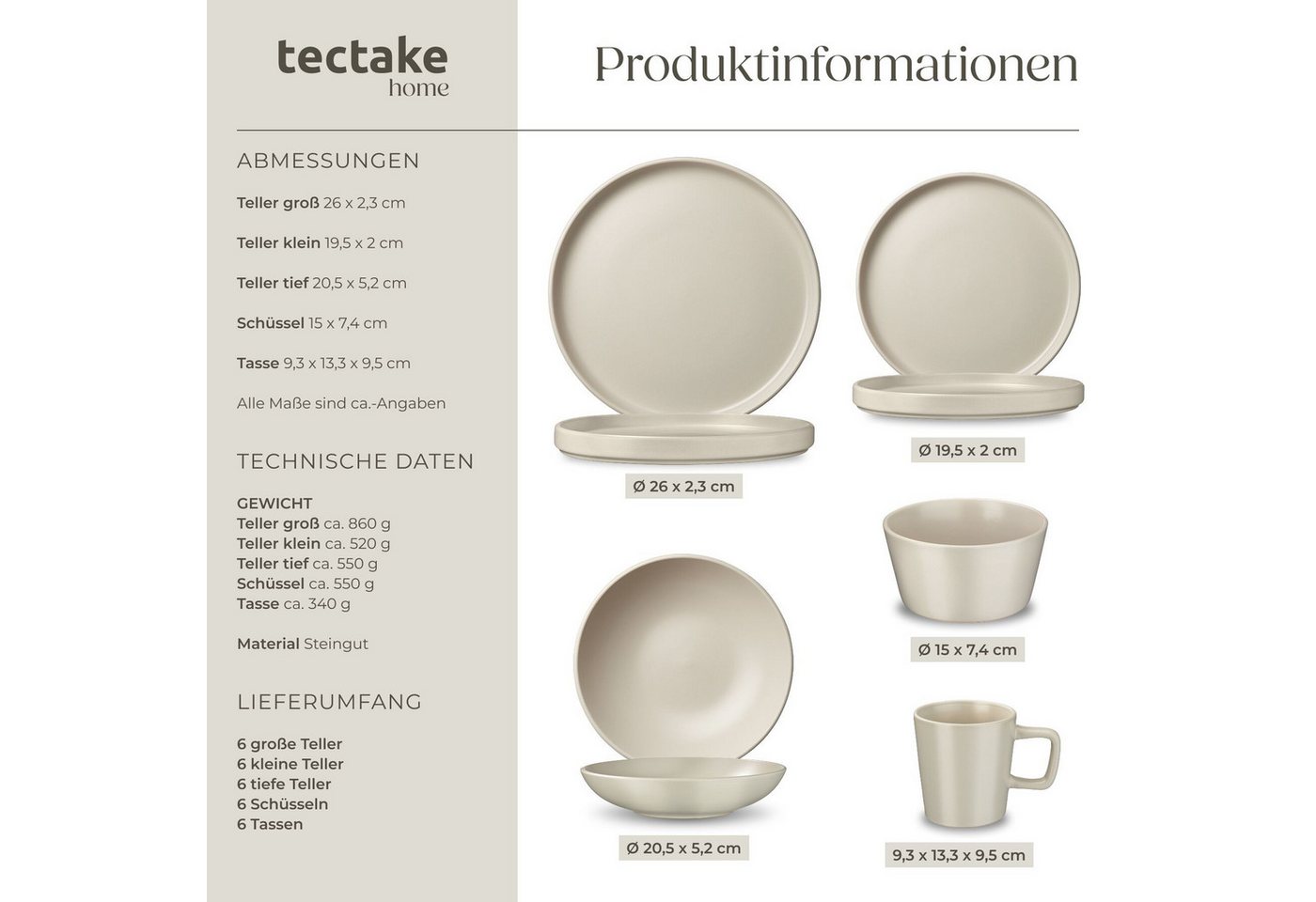tectake Kochbesteck-Set Küchenstarterset aus Steingut mit Glasur, hitzebeständig (Geschirrset Una/Genua, 46-tlg., in taupe/weiß), rostfreies Aluminium mit Antih – Bild 5 von 5