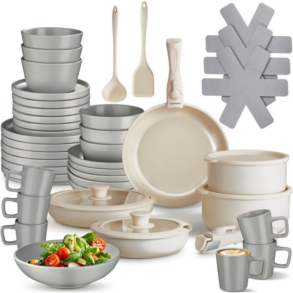 tectake Kochbesteck-Set Küchenstarterset aus Steingut mit Glasur, hitzebeständig (Geschirrset Una/Genua, 46-tlg., in grau/weiß), rostfreies Aluminium mit Antiha