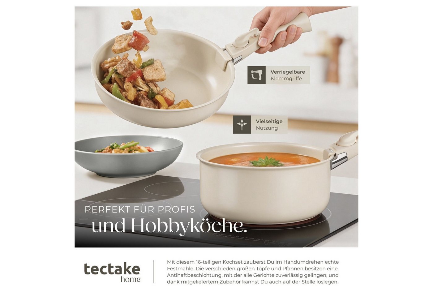 tectake Kochbesteck-Set Küchenstarterset aus Steingut mit Glasur, hitzebeständig (Geschirrset Una/Genua, 46-tlg., in grau/weiß), rostfreies Aluminium mit Antiha – Bild 3 von 5