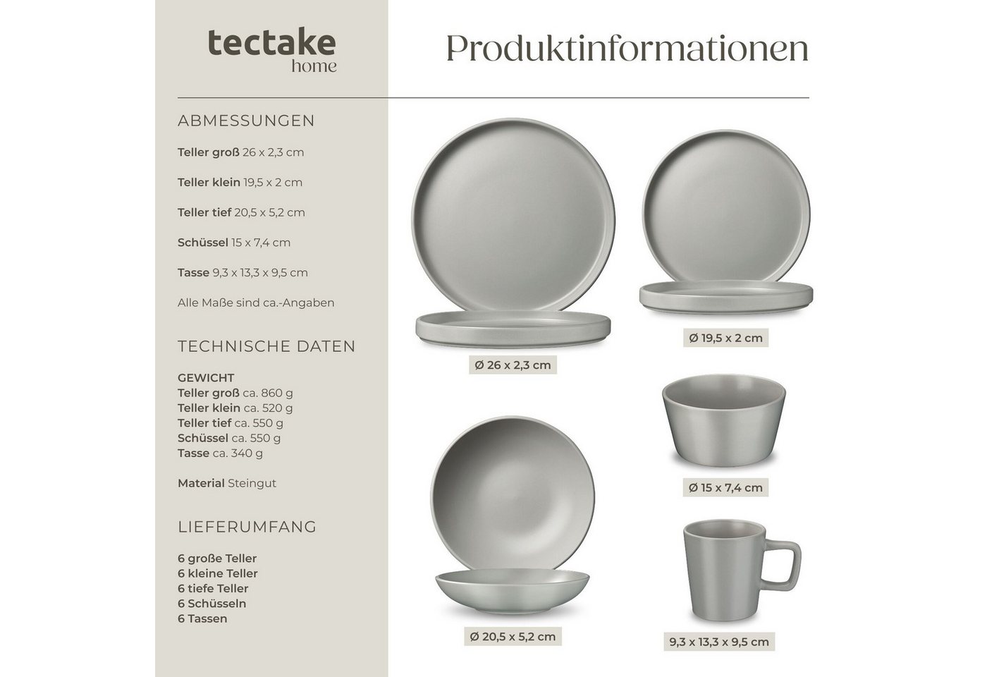 tectake Kochbesteck-Set Küchenstarterset aus Steingut mit Glasur, hitzebeständig (Geschirrset Una/Genua, 46-tlg., in grau/weiß), rostfreies Aluminium mit Antiha – Bild 5 von 5