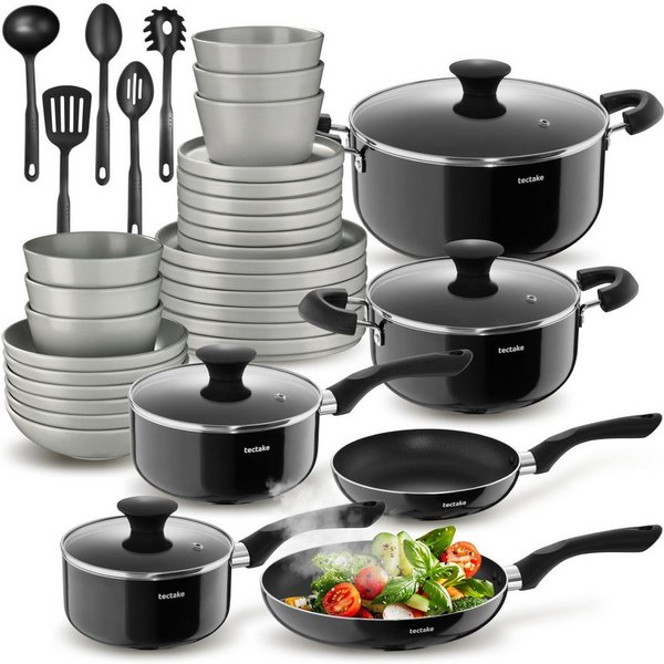 tectake Kochbesteck-Set Starterset Küche mit Steingut Geschirr, Töpfen, Pfannen (Una/Varese - für Induktionsherde geeignet, 39-tlg., in Grau/schwarz), Inkl. Zub