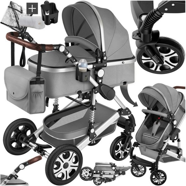 tectake Kombi-Kinderwagen 2-in-1 Kinderwagen, 0–36 Monate, bis 15 kg, klappbar, 5-Punkt-Gurt, (Babywagen Mats), Alurahmen, Bremse, Schutzbügel, Verdeck, Fußsack