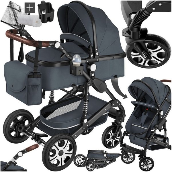 tectake Kombi-Kinderwagen 2-in-1 Kinderwagen, 0–36 Monate, bis 15 kg, klappbar, 5-Punkt-Gurt, (Babywagen Mats), Alurahmen, Bremse, Schutzbügel, Verdeck, Fußsack