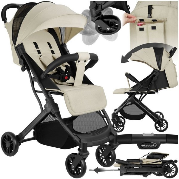 tectake Kombi-Kinderwagen Kinderwagen, 0–36 Monate, 15 kg belastbar, Einhand-Klappmechanismus, (Babywagen Finn), 5-Punkt-Gurt, Feststellbremse, Rücken- & Beinab