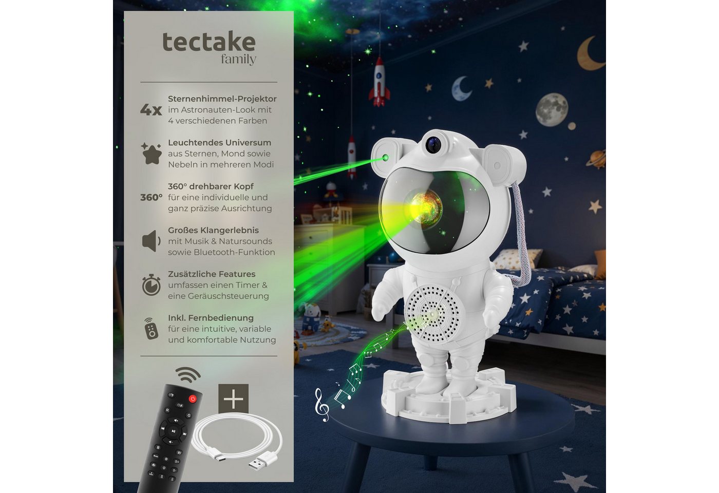 tectake LED Nachtlicht LED-Sternenhimmelprojektor, 12 x 11,5 x 23,5 cm, 5 W, 4 RGB-Farben, 360°-Kopf, Bluetooth/Musik, 8 Sounds, Timer, Stern/Mond/Nebel – Bild 2 von 5