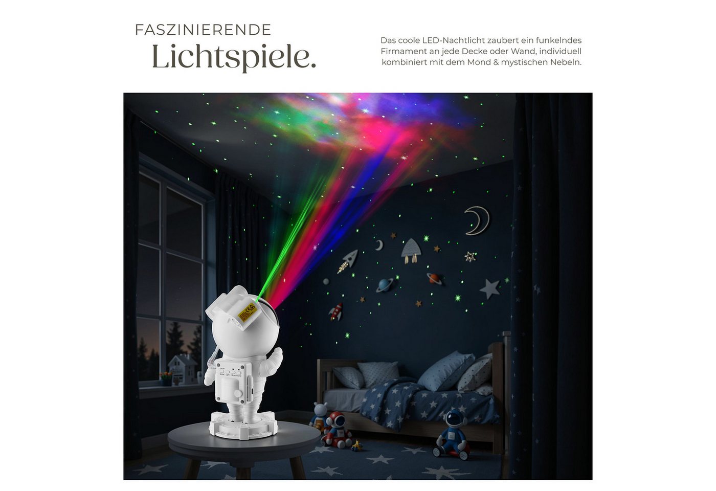 tectake LED Nachtlicht LED-Sternenhimmelprojektor, 12 x 11,5 x 23,5 cm, 5 W, 4 RGB-Farben, 360°-Kopf, Bluetooth/Musik, 8 Sounds, Timer, Stern/Mond/Nebel – Bild 3 von 5