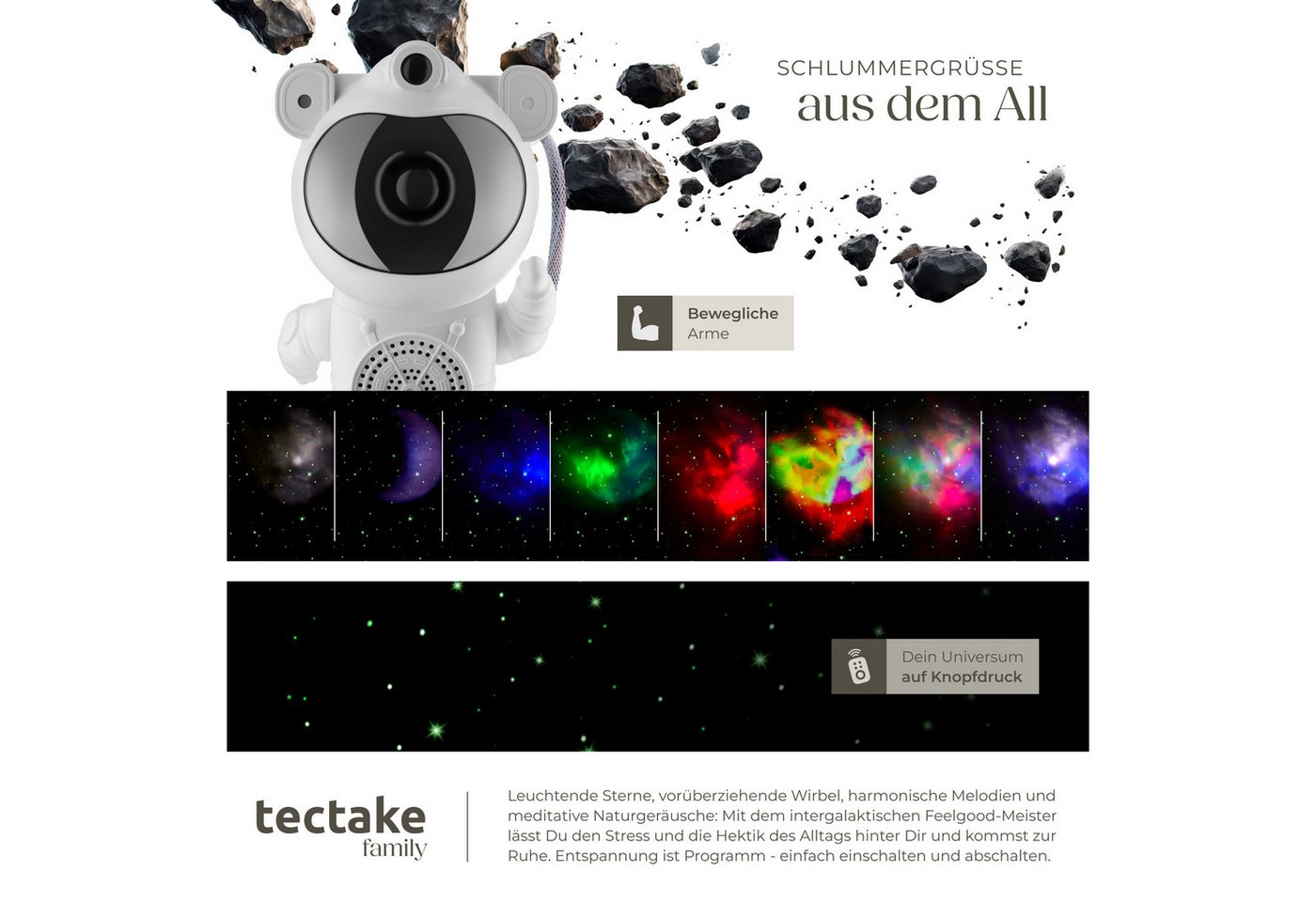 tectake LED Nachtlicht LED-Sternenhimmelprojektor, 12 x 11,5 x 23,5 cm, 5 W, 4 RGB-Farben, 360°-Kopf, Bluetooth/Musik, 8 Sounds, Timer, Stern/Mond/Nebel – Bild 5 von 5