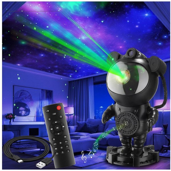 tectake LED Nachtlicht LED-Sternenhimmelprojektor, 12 x 11,5 x 23,5 cm, 5 W, 4 RGB-Farben, 360°-Kopf, Bluetooth/Musik, 8 Sounds, Timer, Stern/Mond/Nebel