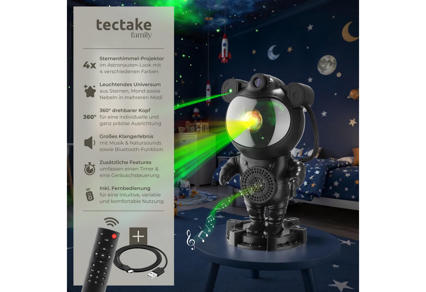 tectake LED Nachtlicht LED-Sternenhimmelprojektor, 12 x 11,5 x 23,5 cm, 5 W, 4 RGB-Farben, 360°-Kopf, Bluetooth/Musik, 8 Sounds, Timer, Stern/Mond/Nebel – Bild 2 von 5