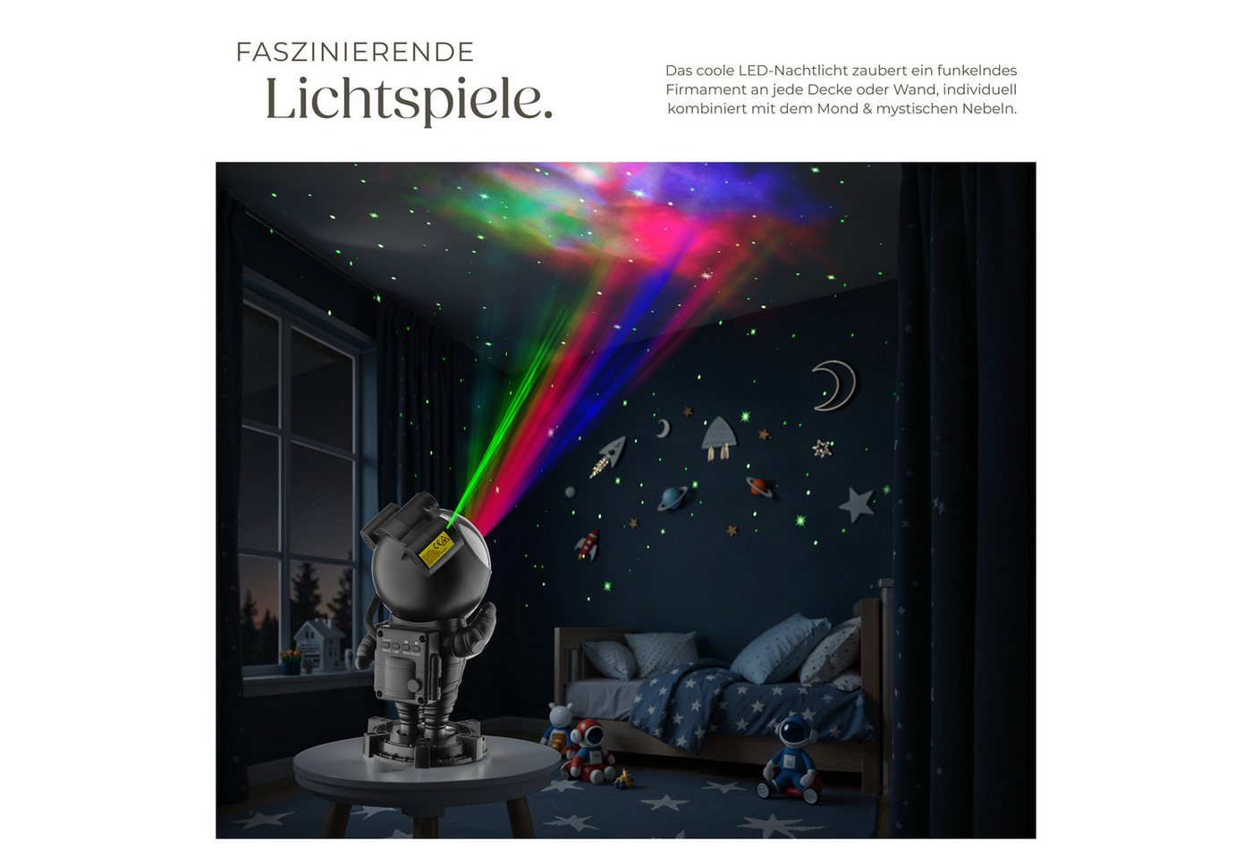 tectake LED Nachtlicht LED-Sternenhimmelprojektor, 12 x 11,5 x 23,5 cm, 5 W, 4 RGB-Farben, 360°-Kopf, Bluetooth/Musik, 8 Sounds, Timer, Stern/Mond/Nebel – Bild 3 von 5
