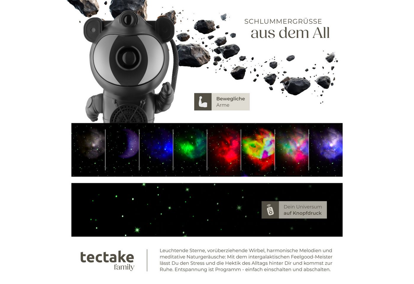 tectake LED Nachtlicht LED-Sternenhimmelprojektor, 12 x 11,5 x 23,5 cm, 5 W, 4 RGB-Farben, 360°-Kopf, Bluetooth/Musik, 8 Sounds, Timer, Stern/Mond/Nebel – Bild 5 von 5