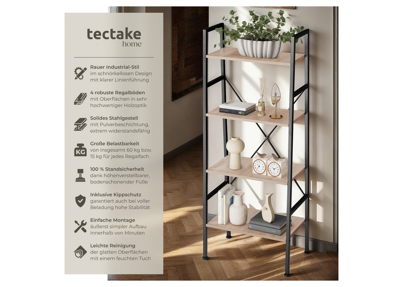 tectake Leiterregal Stufenregal, Kippschutz, 57,5 x 35,5 x 139 cm, Industrial Style, Anlehnregal Newcastle 1-tlg., Holz und Stahl, mit 4 Ebenen, mit höhenverste – Bild 2 von 5