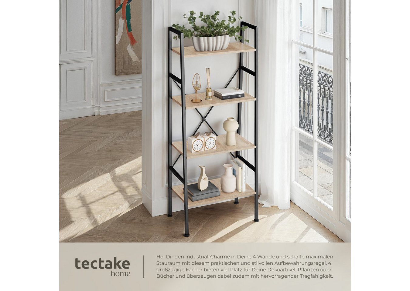 tectake Leiterregal Stufenregal, Kippschutz, 57,5 x 35,5 x 139 cm, Industrial Style, Anlehnregal Newcastle 1-tlg., Holz und Stahl, mit 4 Ebenen, mit höhenverste – Bild 3 von 5