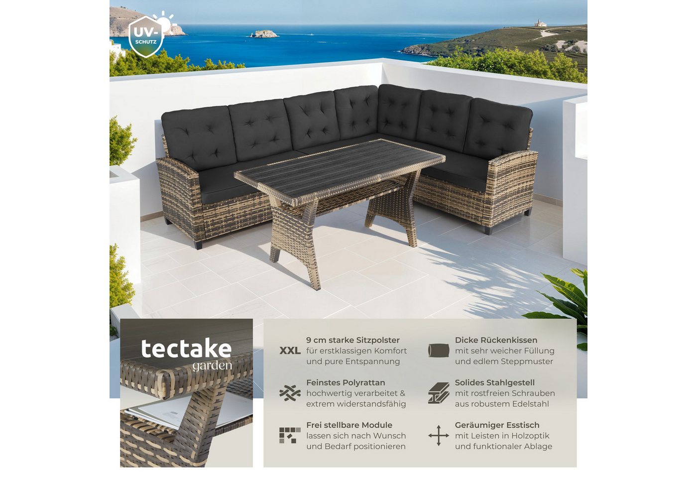 tectake Loungeset gemütliche rattan-gartenmöbel mit weichen polstern, (polyrattan lounge Catania, 3-tlg., in Natur), wetterfestes UV-beständiges Polyrattan – Bild 2 von 5