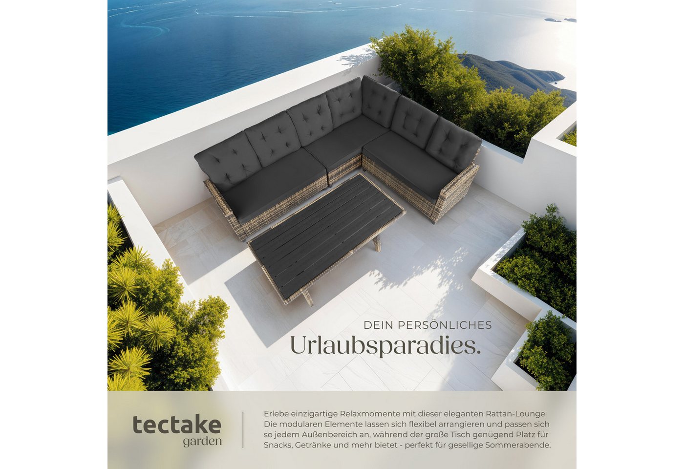 tectake Loungeset gemütliche rattan-gartenmöbel mit weichen polstern, (polyrattan lounge Catania, 3-tlg., in Natur), wetterfestes UV-beständiges Polyrattan – Bild 4 von 5