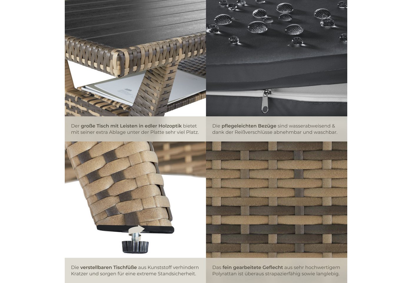 tectake Loungeset gemütliche rattan-gartenmöbel mit weichen polstern, (polyrattan lounge Catania, 3-tlg., in Natur), wetterfestes UV-beständiges Polyrattan – Bild 5 von 5