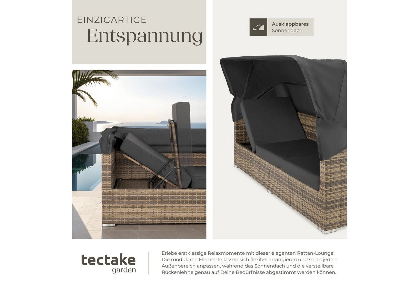 tectake Loungeset Rattan Sitzgruppe, Sicherheitsglasplatte, für 5 bis 6 Personen, (Gartenlounge-set San Marino, 7-tlg., geeignet für Outdoor in Natur), wetterfe – Bild 4 von 5