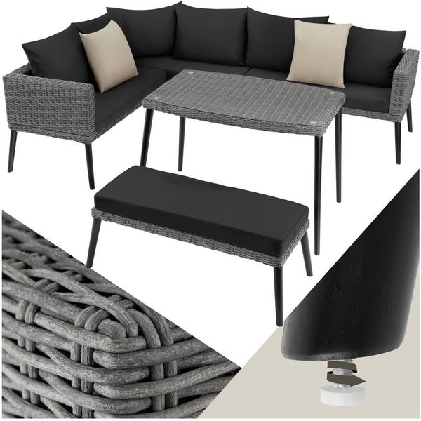 tectake Loungeset Rattan Sitzgruppe mit Sicherheitsglasplatte, schlanke, hohe Beine, (Gartenlounge-set Pula, 3-tlg., geeignet für Outdoor in Grau), wetterfest u