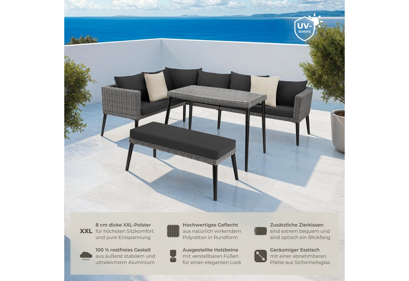 tectake Loungeset Rattan Sitzgruppe mit Sicherheitsglasplatte, schlanke, hohe Beine, (Gartenlounge-set Pula, 3-tlg., geeignet für Outdoor in Grau), wetterfest u – Bild 2 von 5