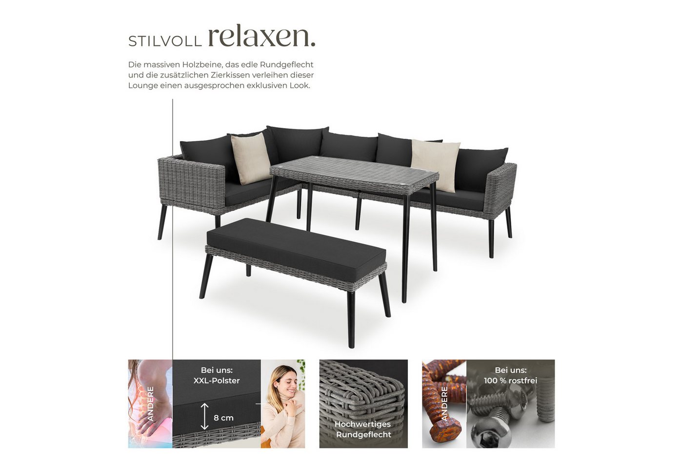 tectake Loungeset Rattan Sitzgruppe mit Sicherheitsglasplatte, schlanke, hohe Beine, (Gartenlounge-set Pula, 3-tlg., geeignet für Outdoor in Grau), wetterfest u – Bild 3 von 5