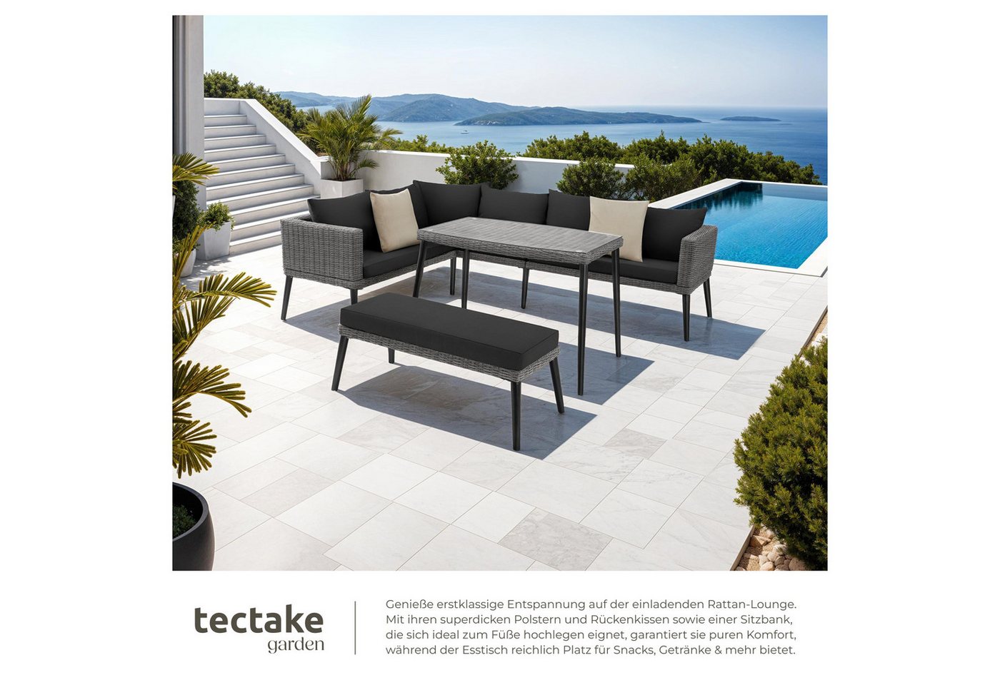 tectake Loungeset Rattan Sitzgruppe mit Sicherheitsglasplatte, schlanke, hohe Beine, (Gartenlounge-set Pula, 3-tlg., geeignet für Outdoor in Grau), wetterfest u – Bild 4 von 5