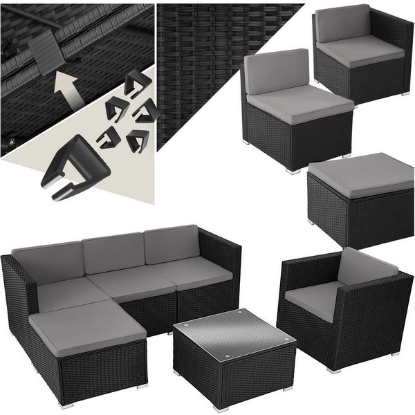 tectake Loungeset Rattan Sitzgruppe mit Sicherheitsglasplatte, für 4 bis 5 Personen, (Gartenlounge-set Lignano, 6-tlg., geeignet für Outdoor in Schwarz), widers