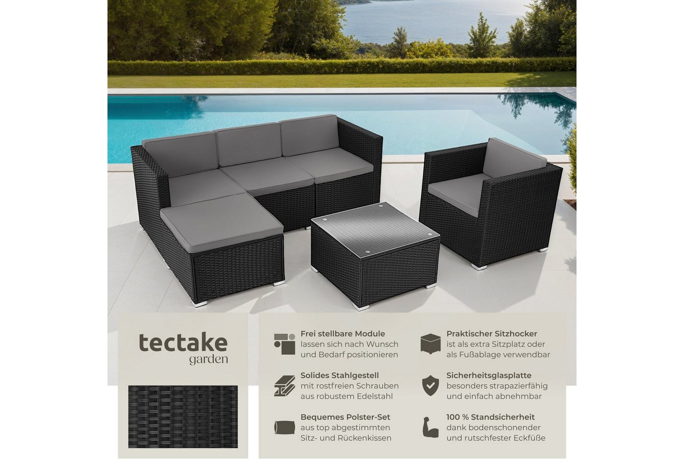 tectake Loungeset Rattan Sitzgruppe mit Sicherheitsglasplatte, für 4 bis 5 Personen, (Gartenlounge-set Lignano, 6-tlg., geeignet für Outdoor in Schwarz), widers – Bild 2 von 5