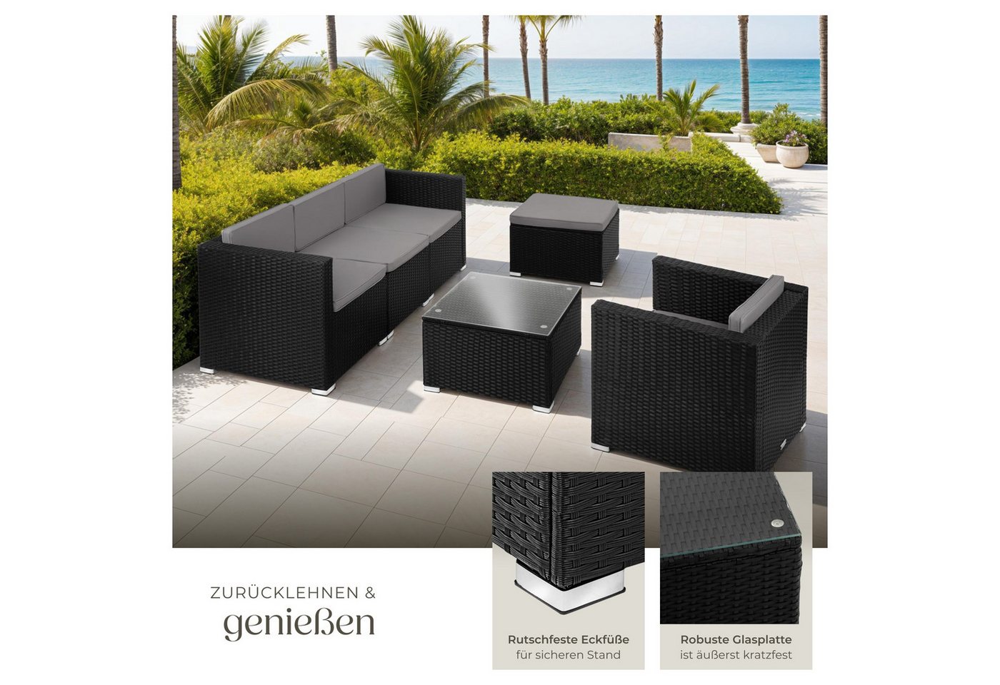 tectake Loungeset Rattan Sitzgruppe mit Sicherheitsglasplatte, für 4 bis 5 Personen, (Gartenlounge-set Lignano, 6-tlg., geeignet für Outdoor in Schwarz), widers – Bild 4 von 5