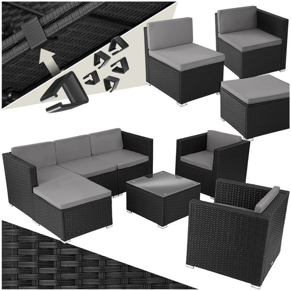 tectake Loungeset Rattan Sitzgruppe mit Sicherheitsglasplatte, für 5 bis 6 Personen, (Gartenlounge-set Lignano, 7-tlg., geeignet für Outdoor in Schwarz), widers