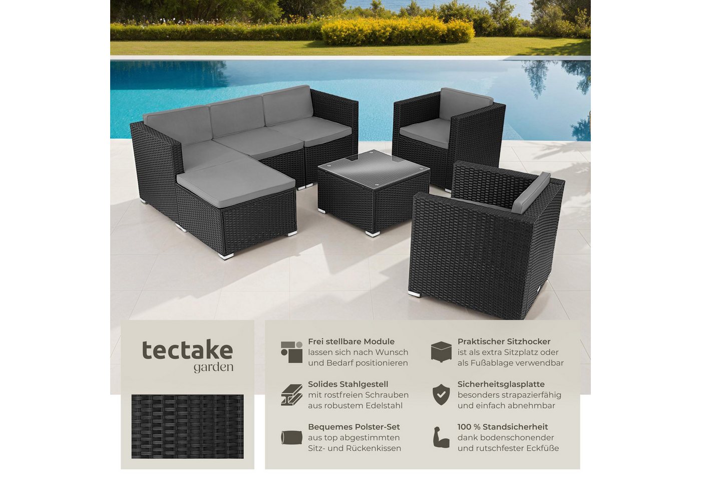 tectake Loungeset Rattan Sitzgruppe mit Sicherheitsglasplatte, für 5 bis 6 Personen, (Gartenlounge-set Lignano, 7-tlg., geeignet für Outdoor in Schwarz), widers – Bild 2 von 5