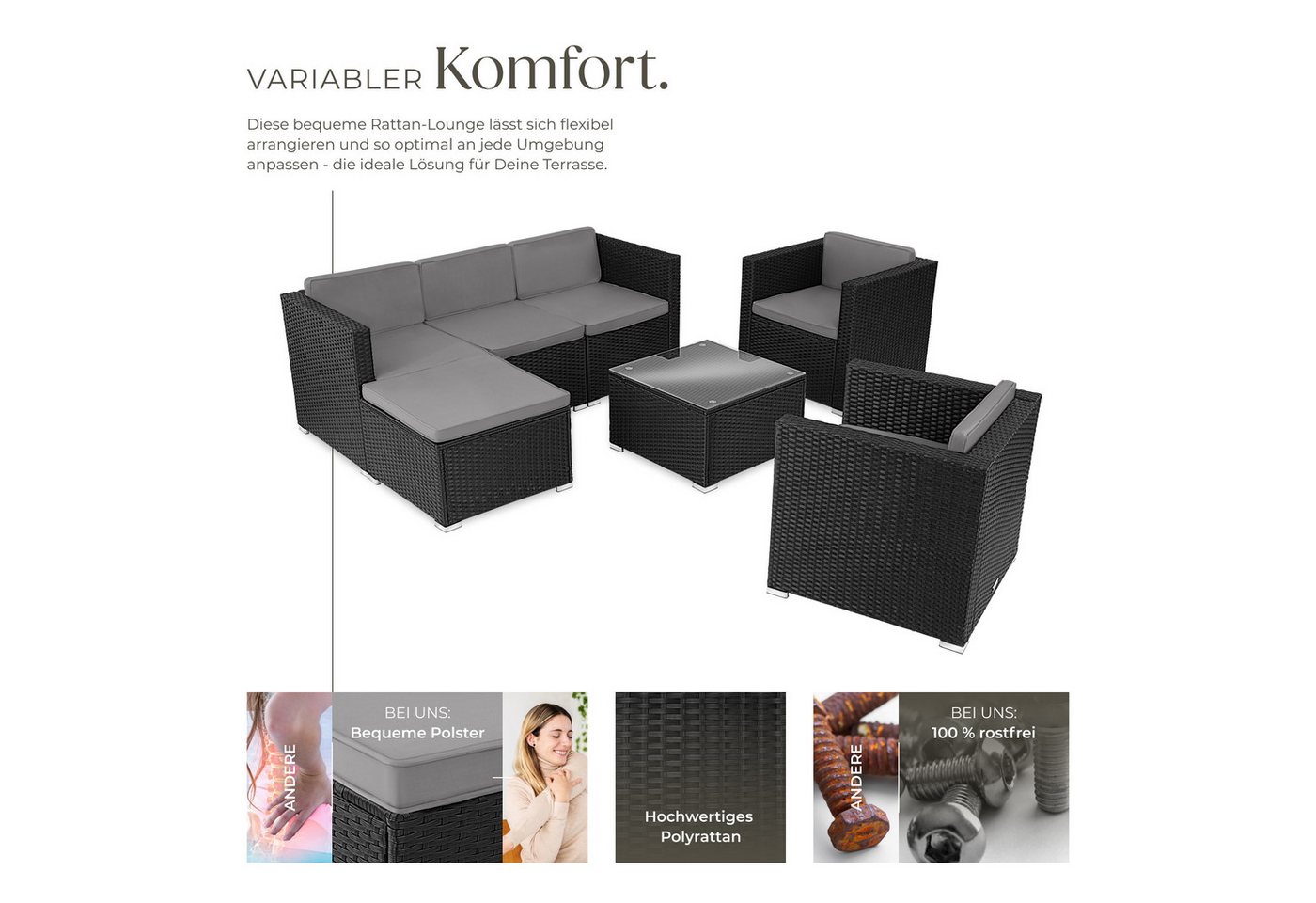 tectake Loungeset Rattan Sitzgruppe mit Sicherheitsglasplatte, für 5 bis 6 Personen, (Gartenlounge-set Lignano, 7-tlg., geeignet für Outdoor in Schwarz), widers – Bild 3 von 5