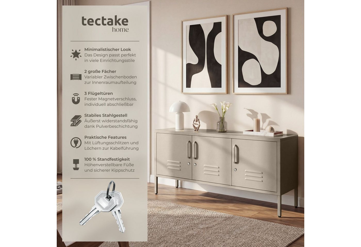 tectake Lowboard Anrichte mit Magnetverschluss, verstellbarem Boden, abschließbar (Wohnzimmer Sideboard Baker, in Taupe), Kabelführung, Kippschutz und höhenvers – Bild 2 von 5
