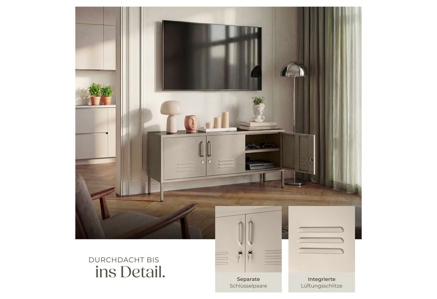 tectake Lowboard Anrichte mit Magnetverschluss, verstellbarem Boden, abschließbar (Wohnzimmer Sideboard Baker, in Taupe), Kabelführung, Kippschutz und höhenvers – Bild 4 von 5