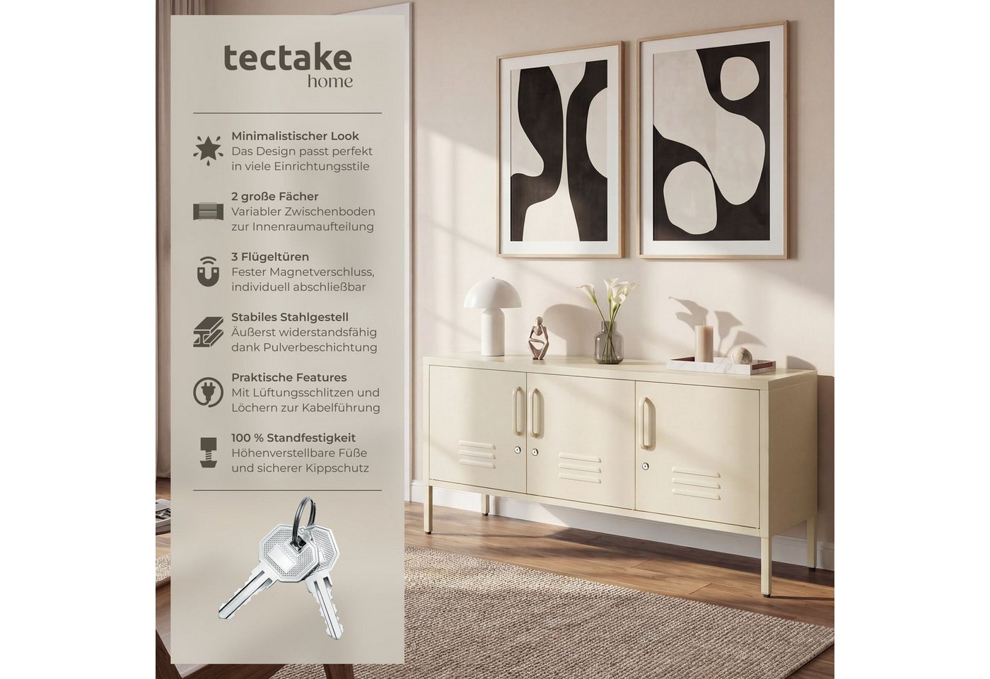 tectake Lowboard Anrichte mit Magnetverschluss, verstellbarem Boden, abschließbar (Sideboard Mit Türen Baker, in Creme), Kippschutz, Kabelführung und höhenverst – Bild 2 von 5