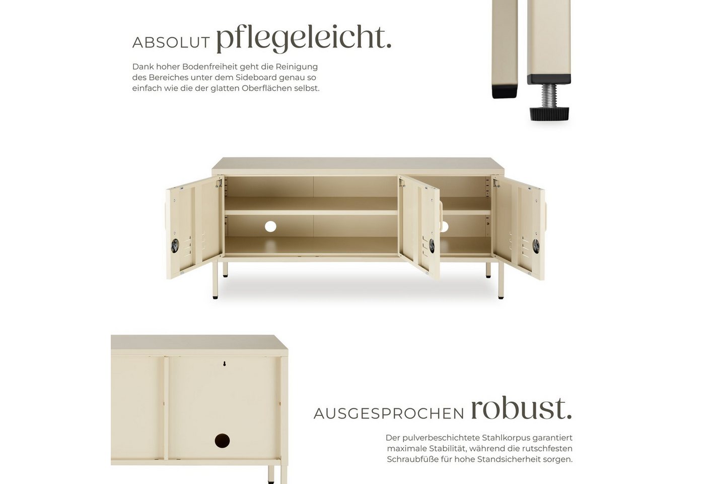 tectake Lowboard Anrichte mit Magnetverschluss, verstellbarem Boden, abschließbar (Sideboard Mit Türen Baker, in Creme), Kippschutz, Kabelführung und höhenverst – Bild 3 von 5