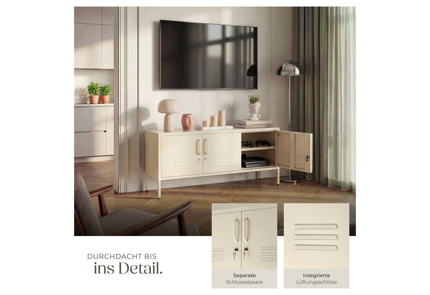 tectake Lowboard Anrichte mit Magnetverschluss, verstellbarem Boden, abschließbar (Sideboard Mit Türen Baker, in Creme), Kippschutz, Kabelführung und höhenverst – Bild 4 von 5