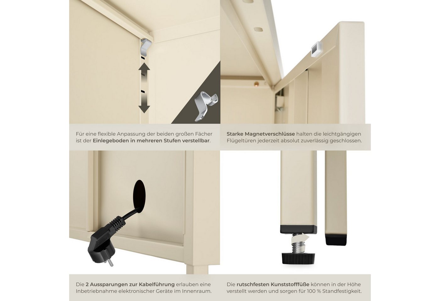 tectake Lowboard Anrichte mit Magnetverschluss, verstellbarem Boden, abschließbar (Sideboard Mit Türen Baker, in Creme), Kippschutz, Kabelführung und höhenverst – Bild 5 von 5