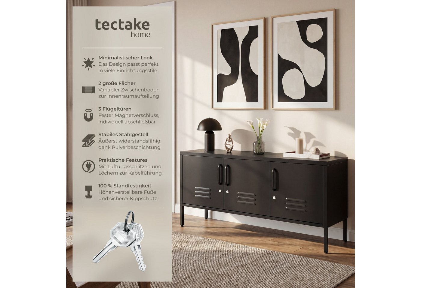 tectake Lowboard Anrichte mit Magnetverschluss, verstellbarem Boden (Sideboard Modern Baker, in Schwarz), Kippschutz, höhenverstellbare Füße, pulverbeschichtete – Bild 2 von 5