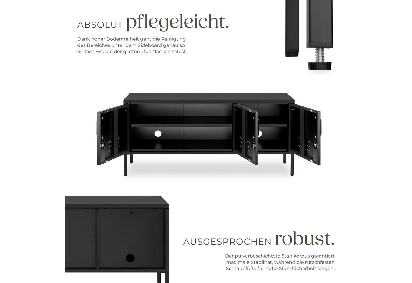 tectake Lowboard Anrichte mit Magnetverschluss, verstellbarem Boden (Sideboard Modern Baker, in Schwarz), Kippschutz, höhenverstellbare Füße, pulverbeschichtete – Bild 3 von 5