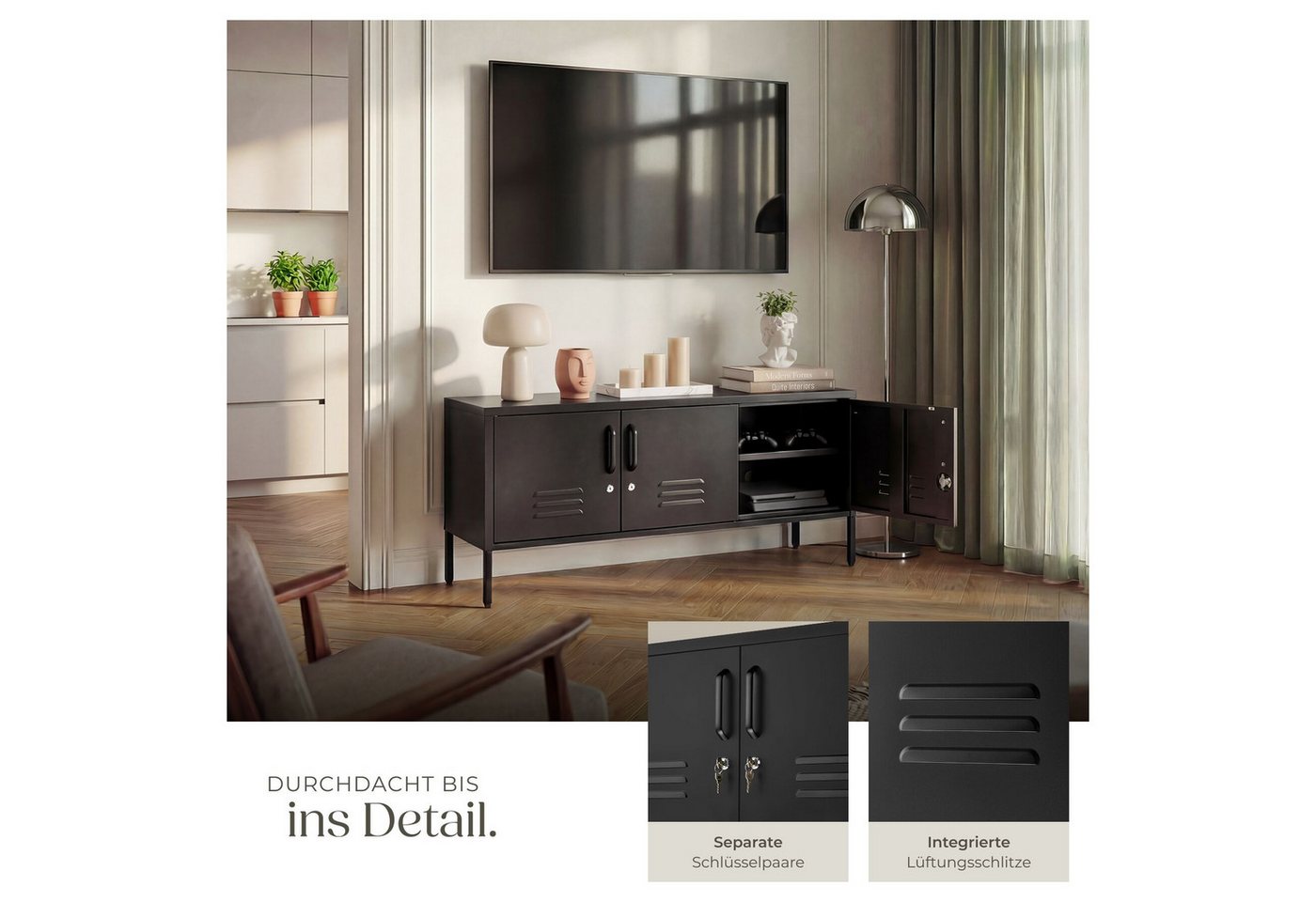 tectake Lowboard Anrichte mit Magnetverschluss, verstellbarem Boden (Sideboard Modern Baker, in Schwarz), Kippschutz, höhenverstellbare Füße, pulverbeschichtete – Bild 4 von 5